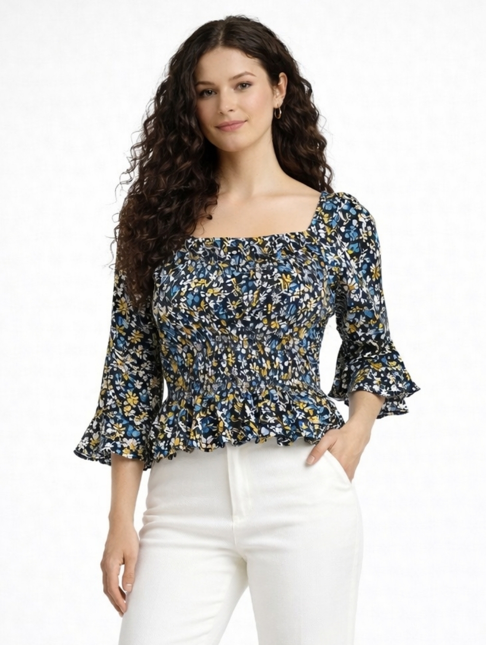 Patrons of Peace Navy Floral Smocked Peplum Blouse Square Neck Boho